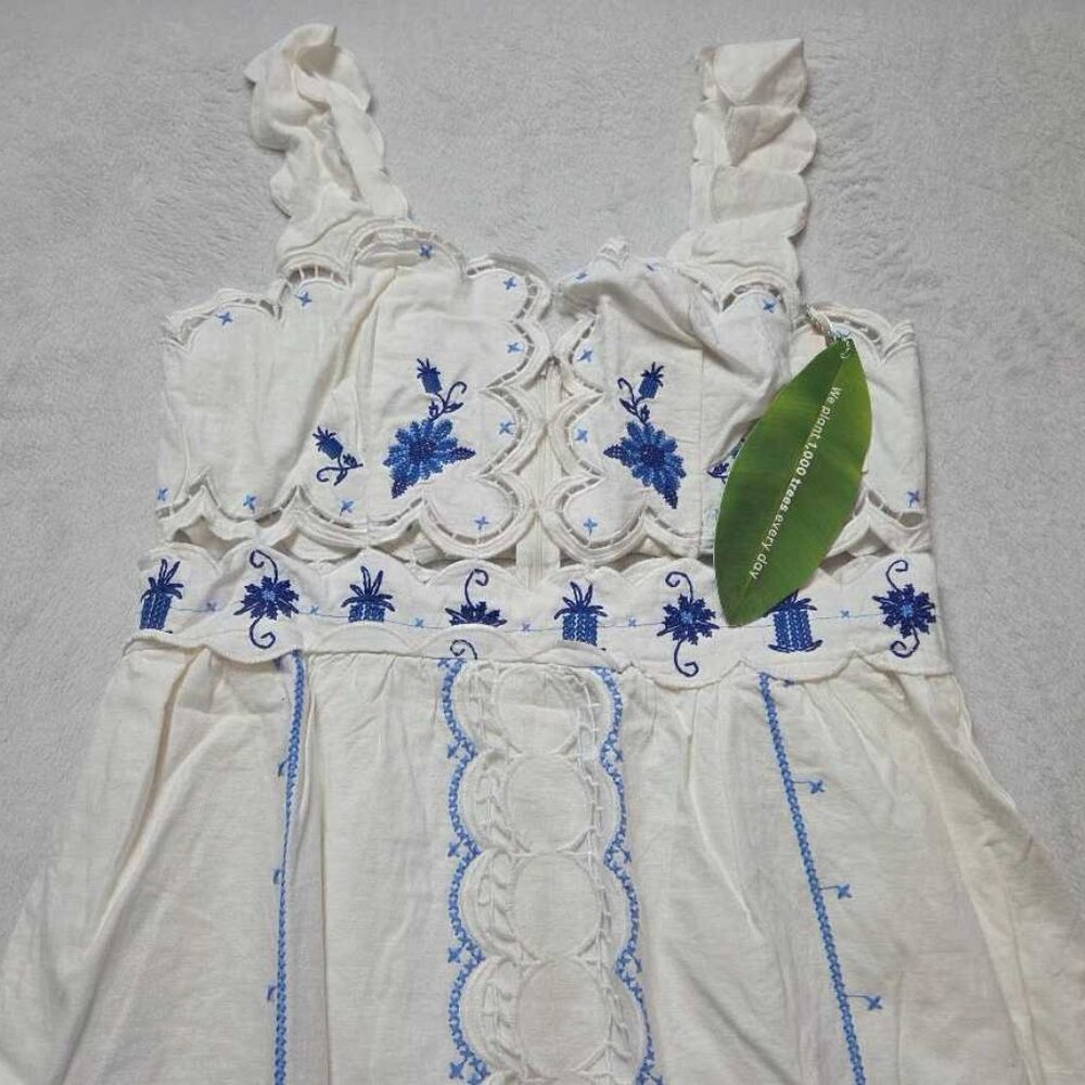 New L Farm Rio x Anthropologie cross-stitch Richelieu linen-blend dress white - Picture 4 of 12